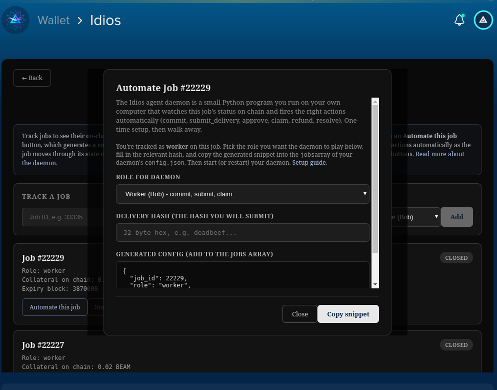 The Automate this contract modal in the Idios dapp, showing the daemon config generator with role selector and live JSON preview