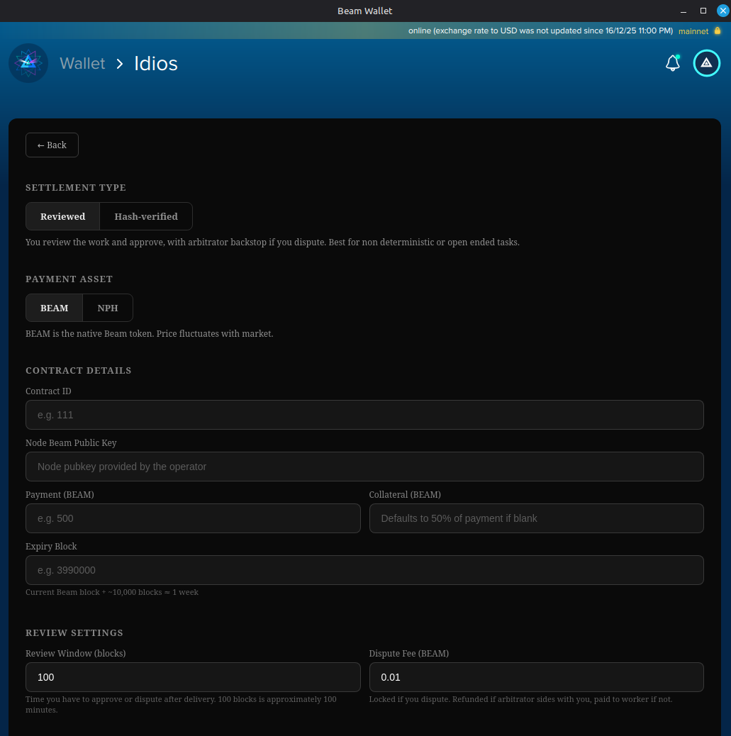 The Start a contract form in the Idios dapp, choosing settlement type, payment asset, and the contract terms
